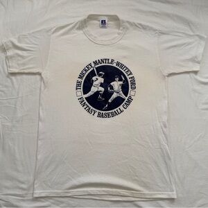 Vintage Mickey Mantle and Whitey Ford Fantasy Baseball Camp White T-Shirt.